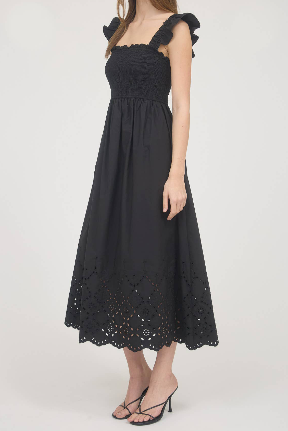 Black Smocked Eyelet Midi Dress