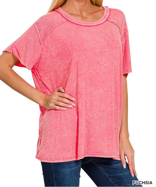 Washed Ribbed Short Sleeve Top