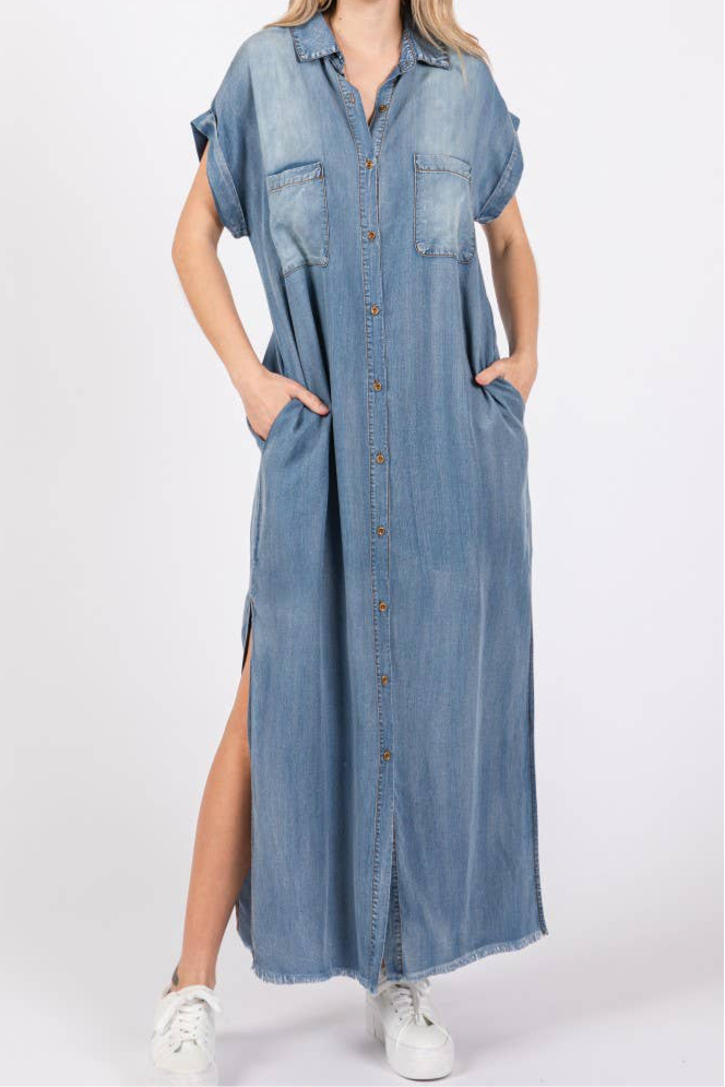 Short Sleeve Maxi Denim Dress