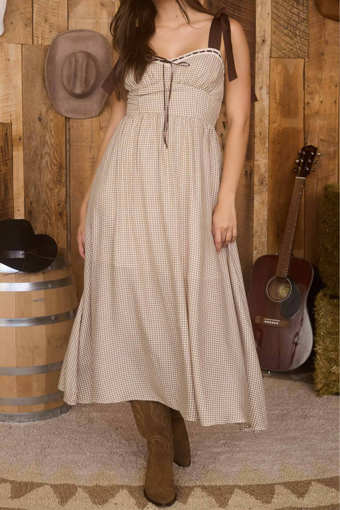 Plaid Ribbon Tie Midi Dress