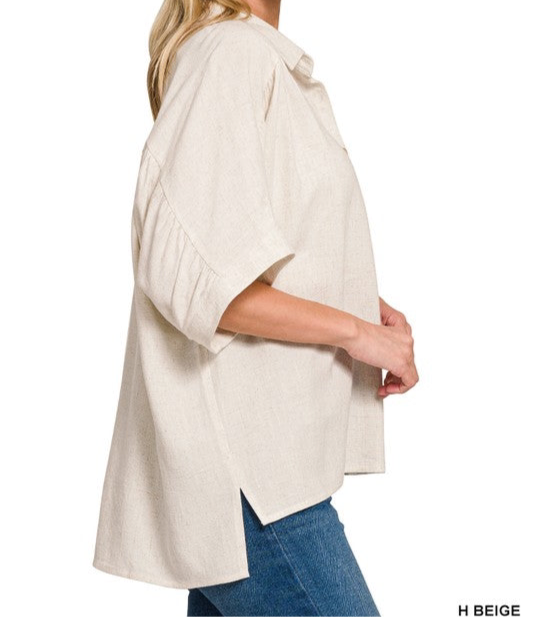 Linen Ruched Shoulder Button Down Top