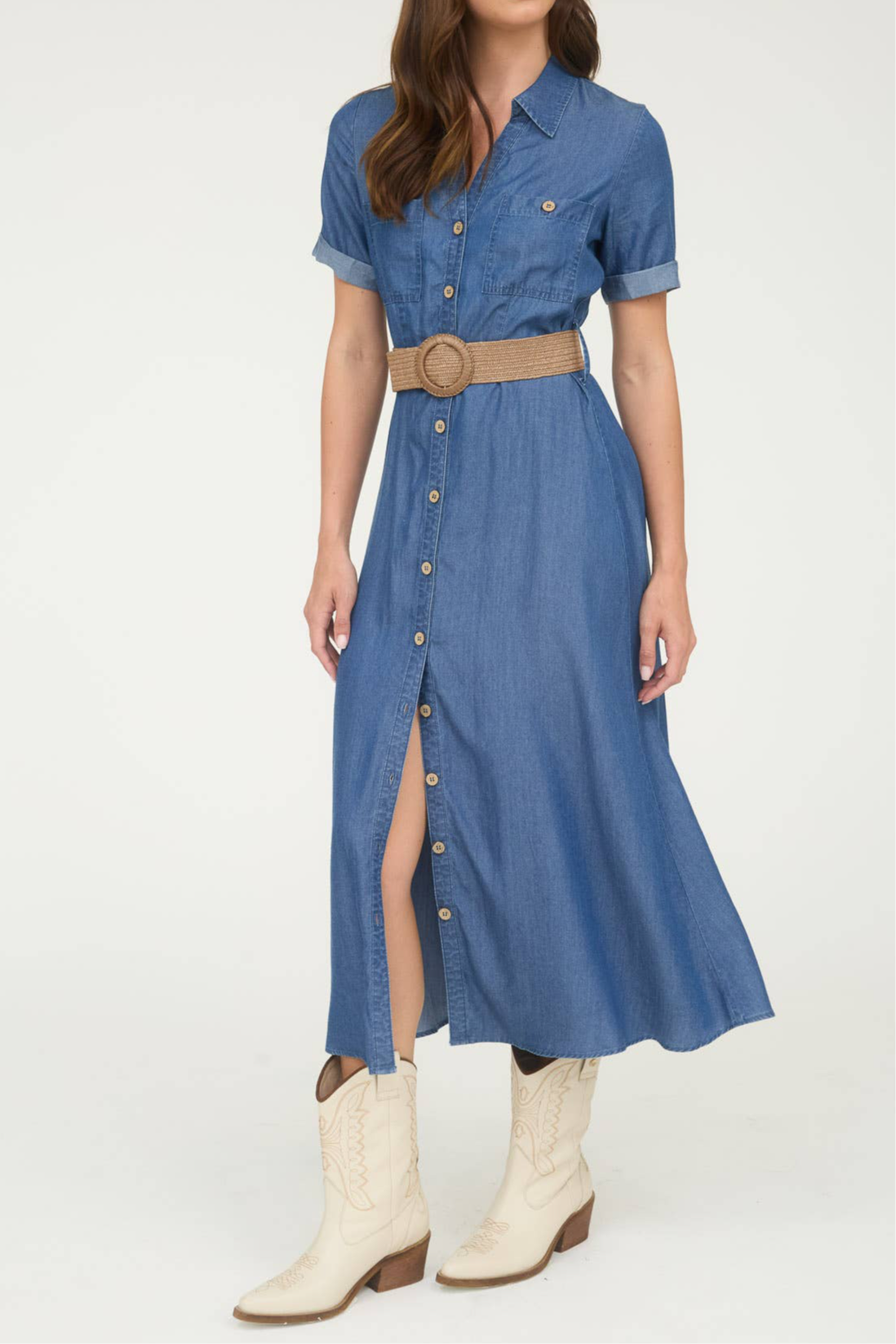 Chambray Belted Midi Dress