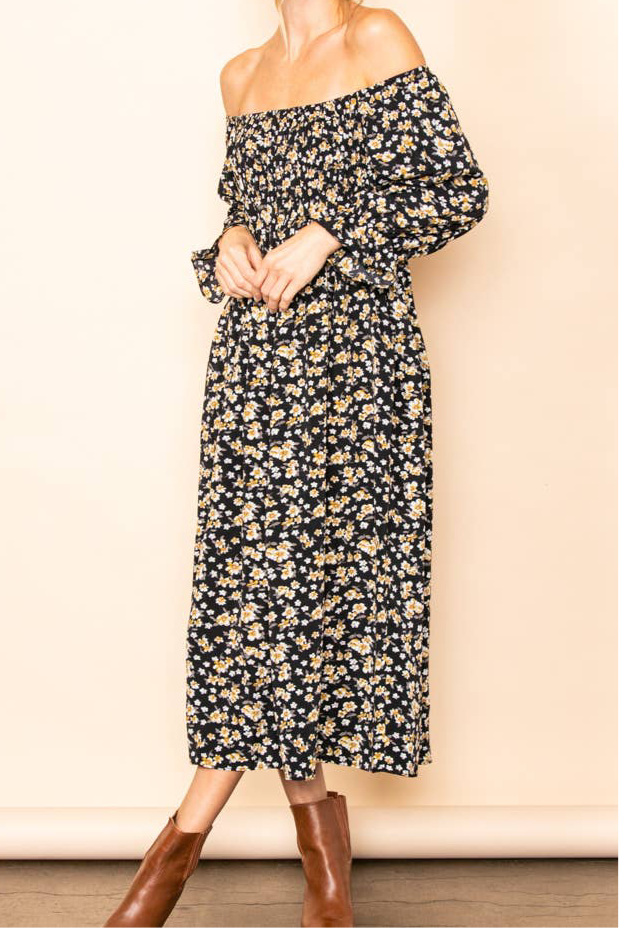 On & Off Shoulder Smocked Floral Midi Dress w Pockets