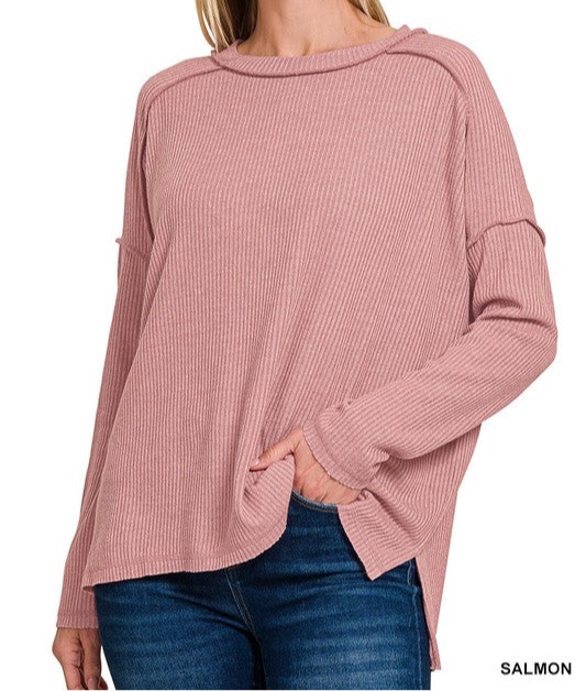 Ribbed Drop Shoulder Reverse Seam Top