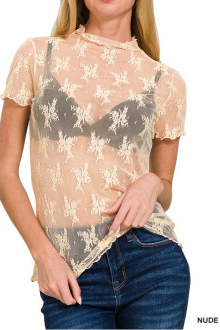 Nude Short Sleeve Lace Layering Top