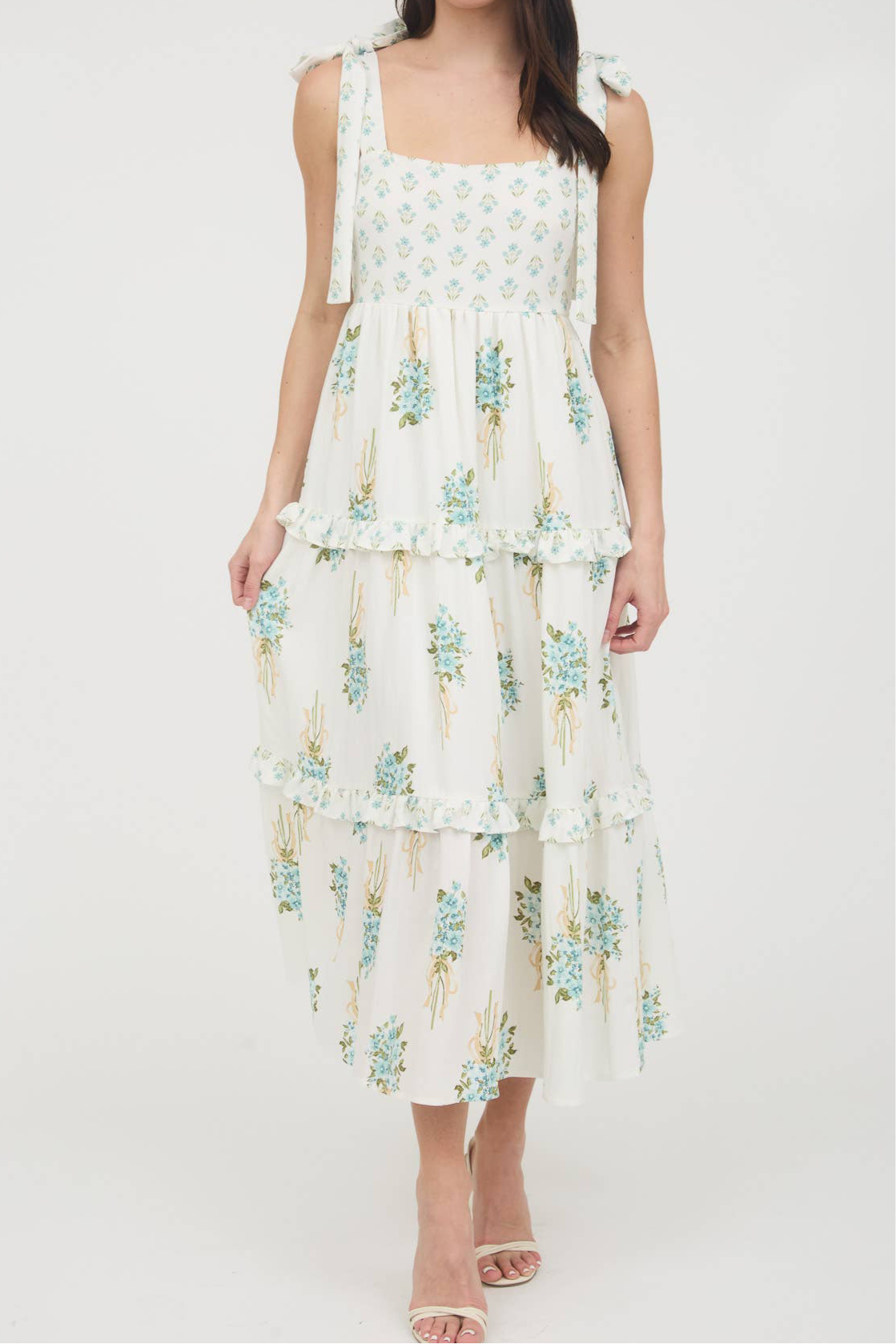 Floral Bouquet Shoulder Tie Tiered Dress