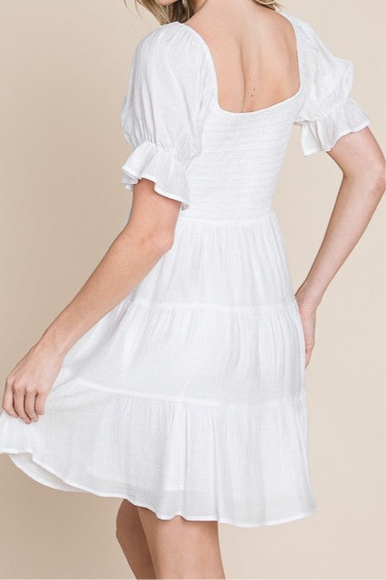 White Short Smocked Sleeve Dress