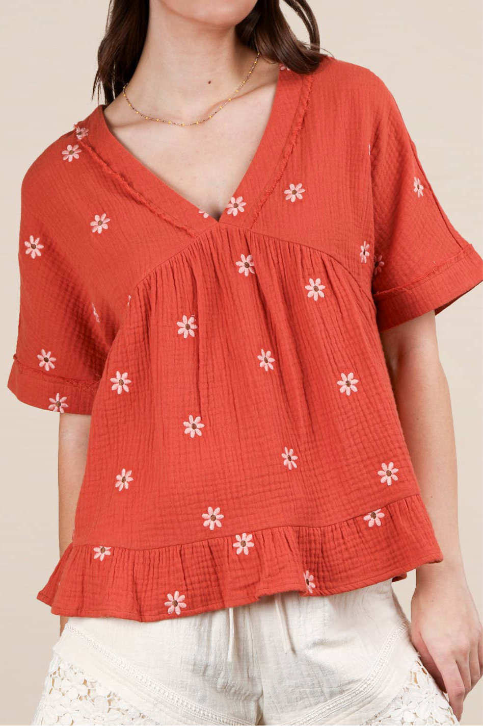 Flower Embroidered Woven Blouse Top