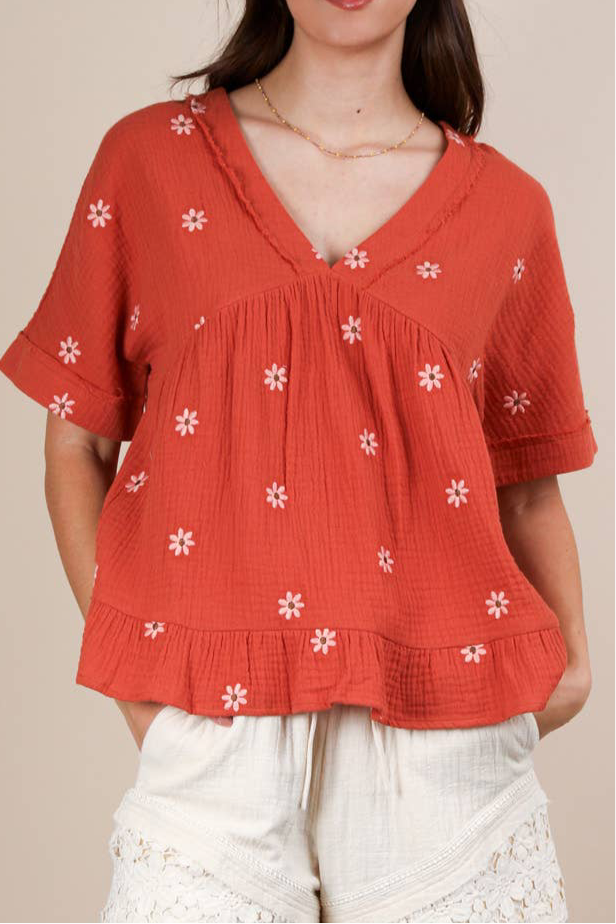 Flower Embroidered Woven Blouse Top