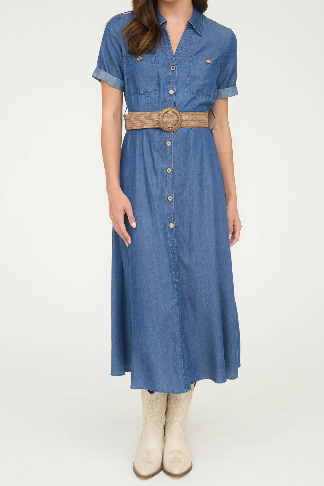 Chambray Belted Midi Dress