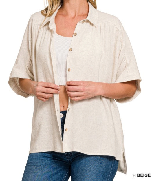 Linen Ruched Shoulder Button Down Top