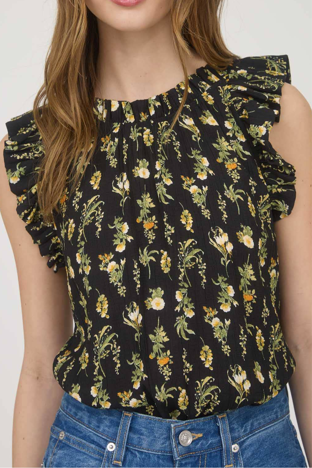 Dark Floral Sleeveless Ruffle Top