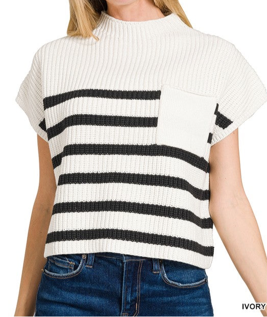 Ivory Short Sleeve Stripe Sweater Top