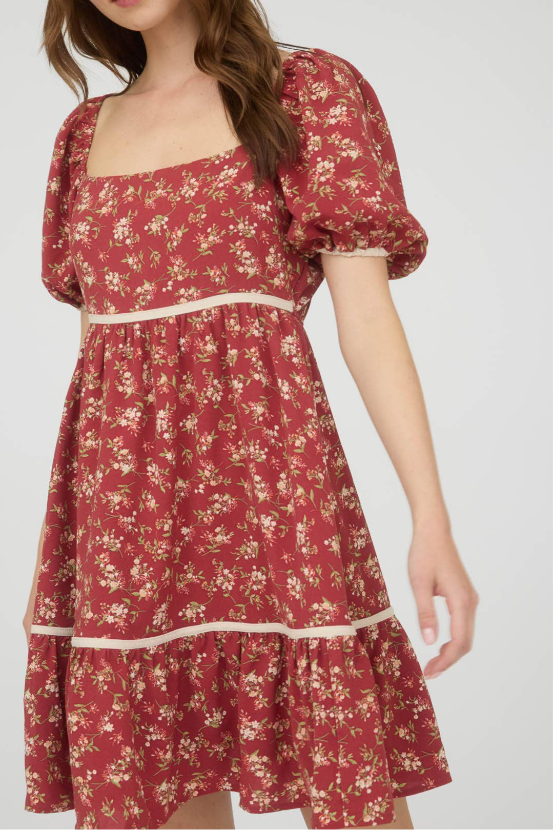 Brick Floral Contract Puff Sleeve Dress