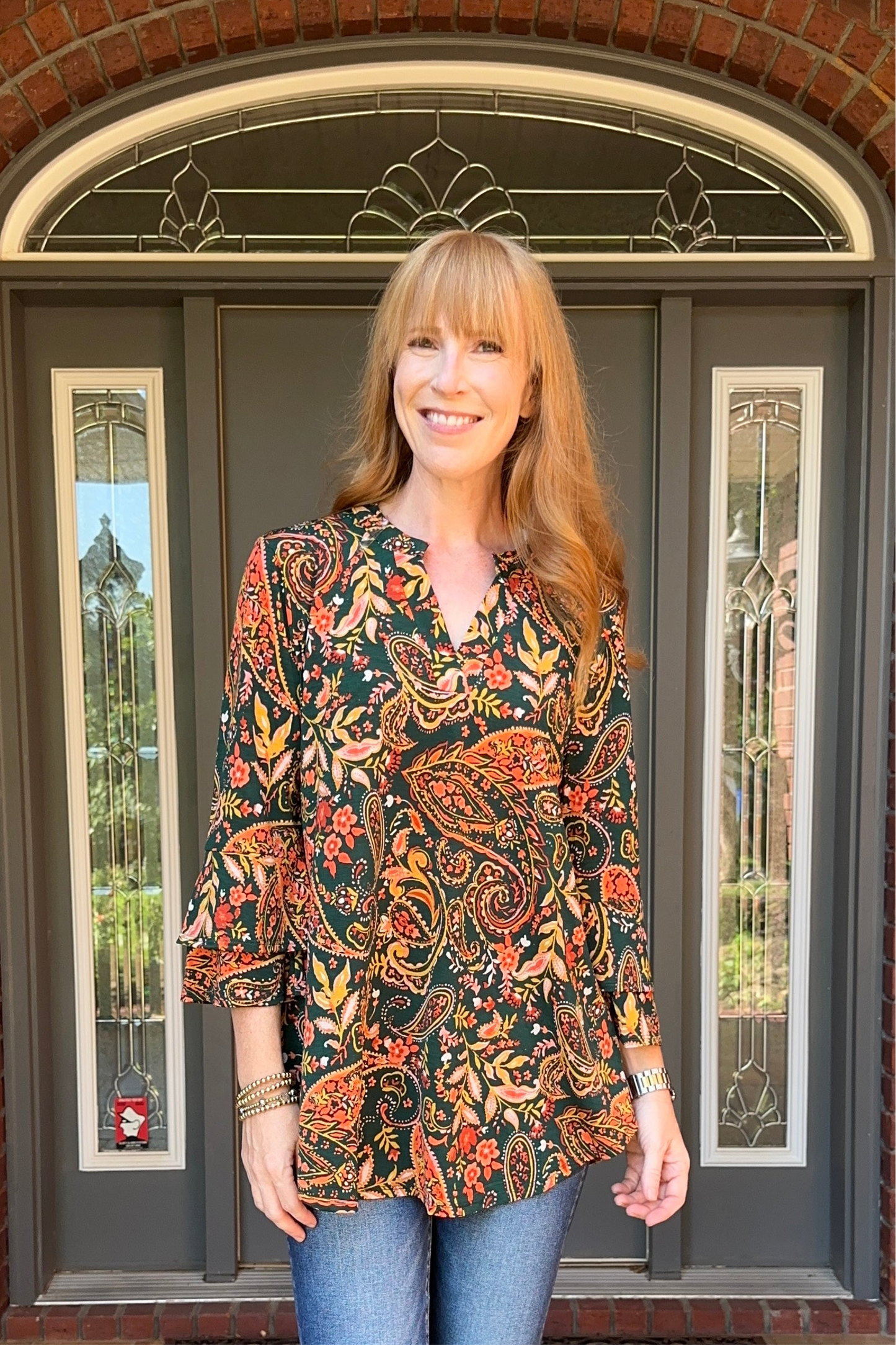 Hunter/Gold Flora 3/4 Bell Sleeve Anti-Wrinkle Top