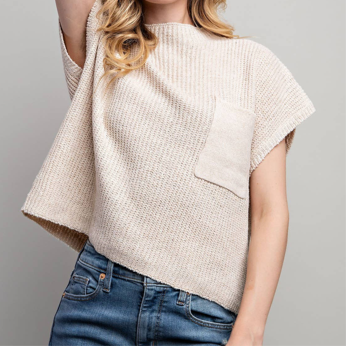 Cream Sleeveless Sweater Pocket Top