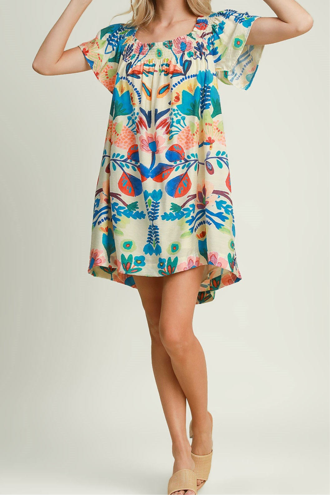 On/Off Shoulder Smocked Bright Abstract Floral Dress