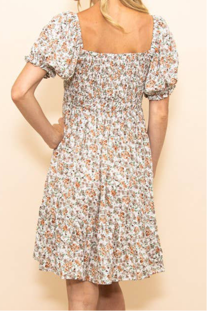 Floral Puff Sleeves Smocked Chest Flare Dress with Pockets