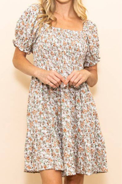 Floral Puff Sleeves Smocked Chest Flare Dress with Pockets