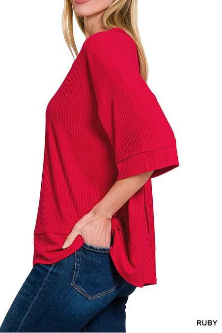 Ribbed Boatneck 3/4 Sleeve Top