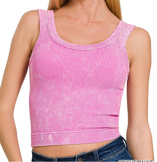 Stone Washed Ribbed Padded Crop Tank