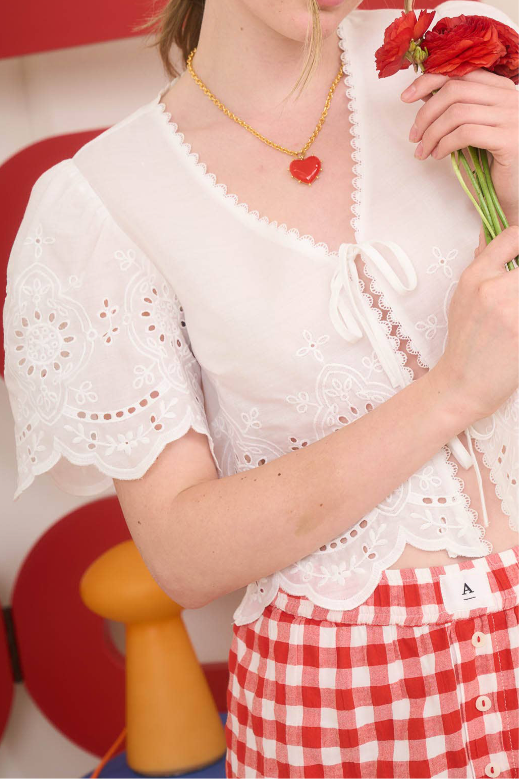 Eyelet Scalloped Front Tie Top
