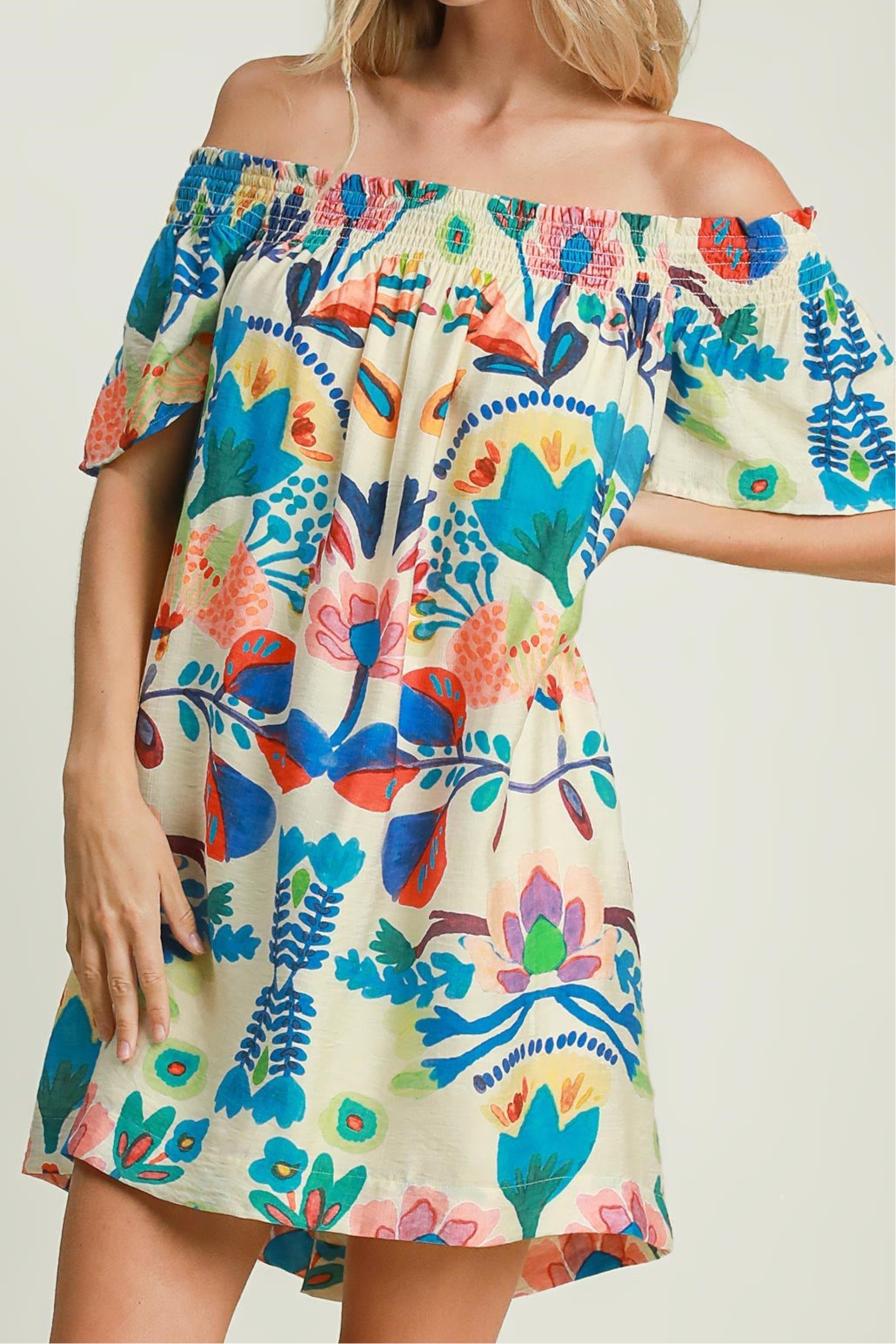 On/Off Shoulder Smocked Bright Abstract Floral Dress