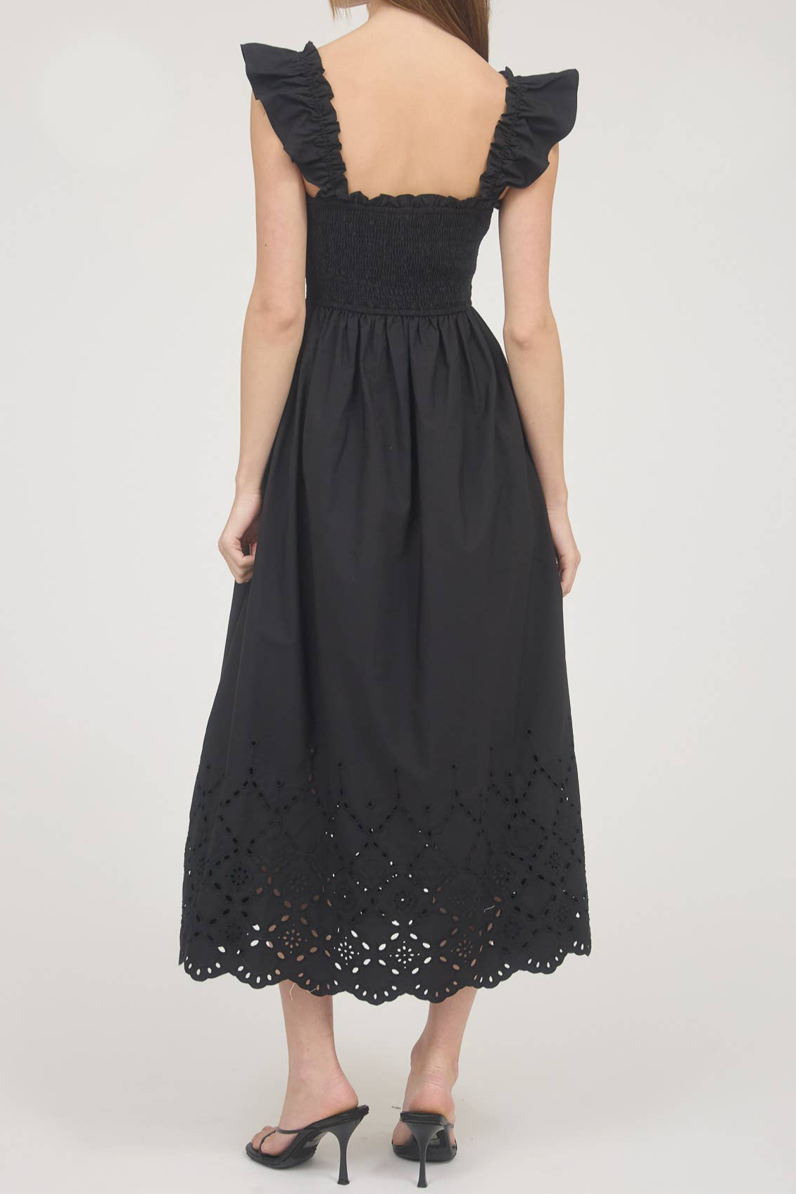 Black Smocked Eyelet Midi Dress