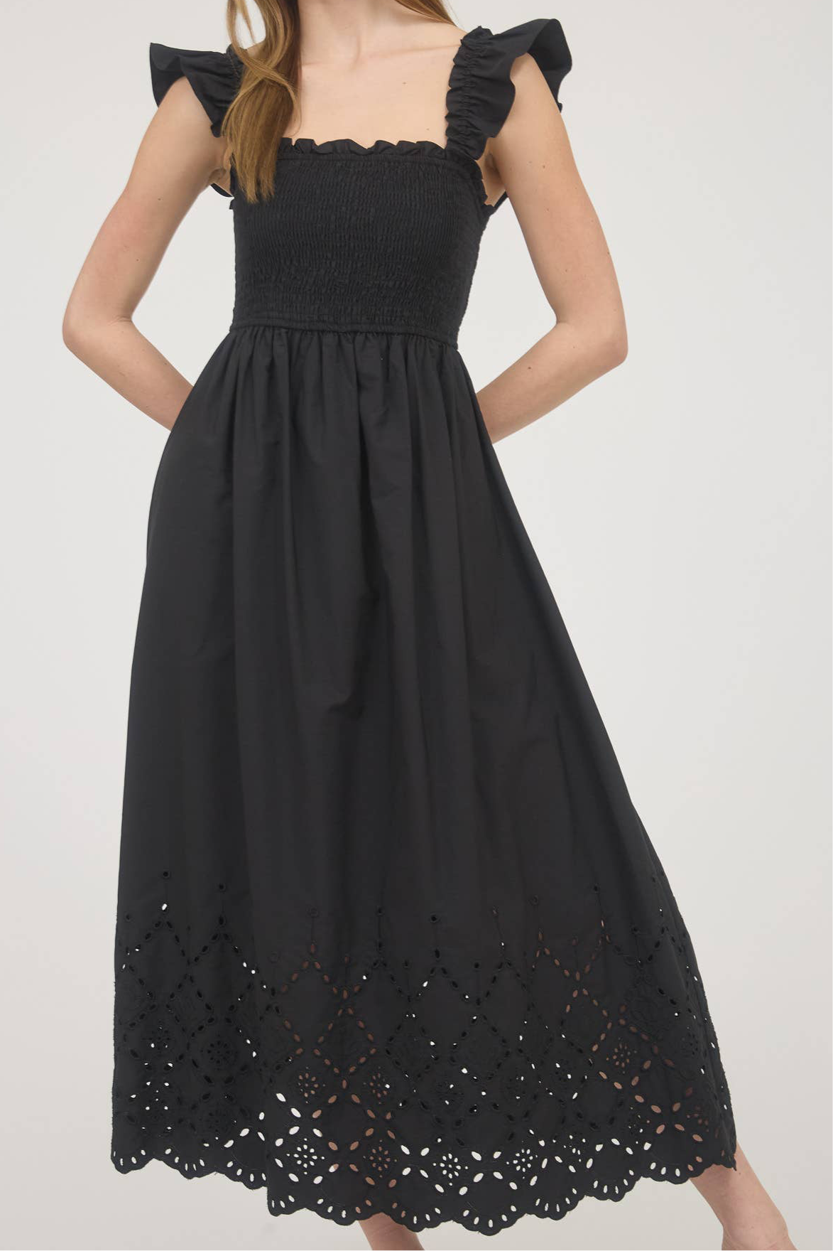 Black Smocked Eyelet Midi Dress