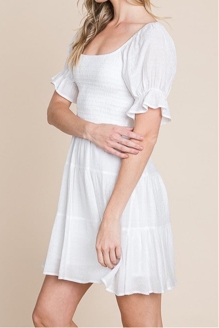 White Short Smocked Sleeve Dress
