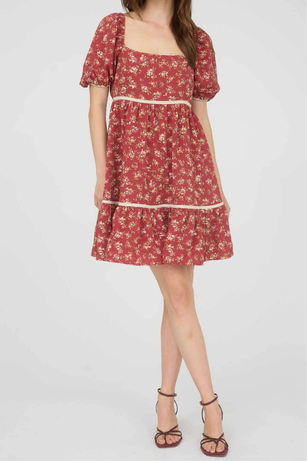 Brick Floral Contract Puff Sleeve Dress
