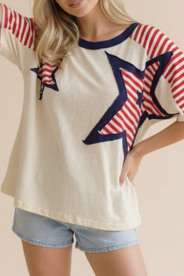 Red Stripe Oversized Star Patch Top