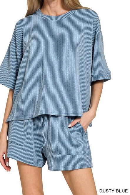 Ribbed Drawstring Shorts Set