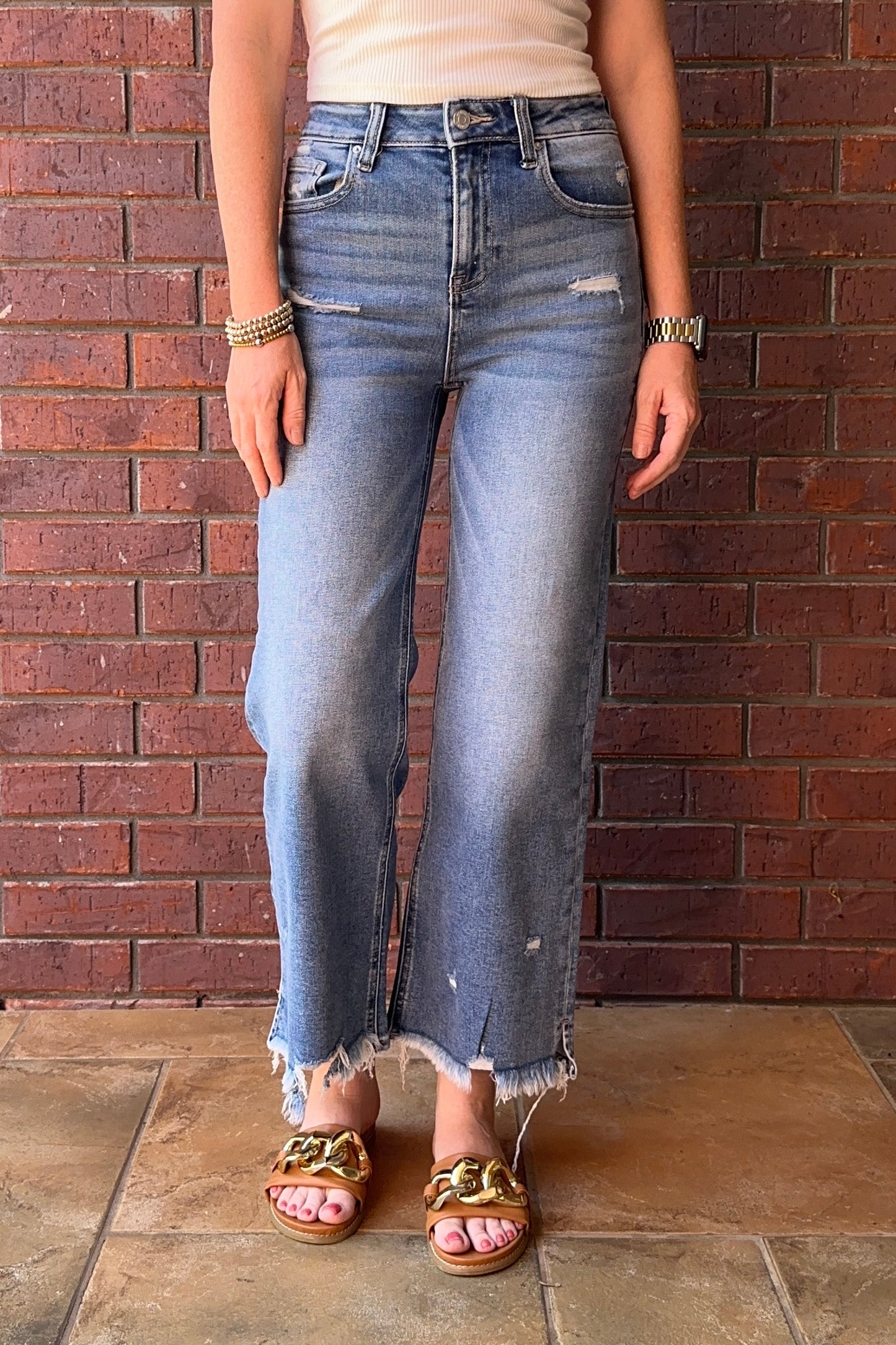 Distress Raw Hem Straight/Wide Leg Jeans