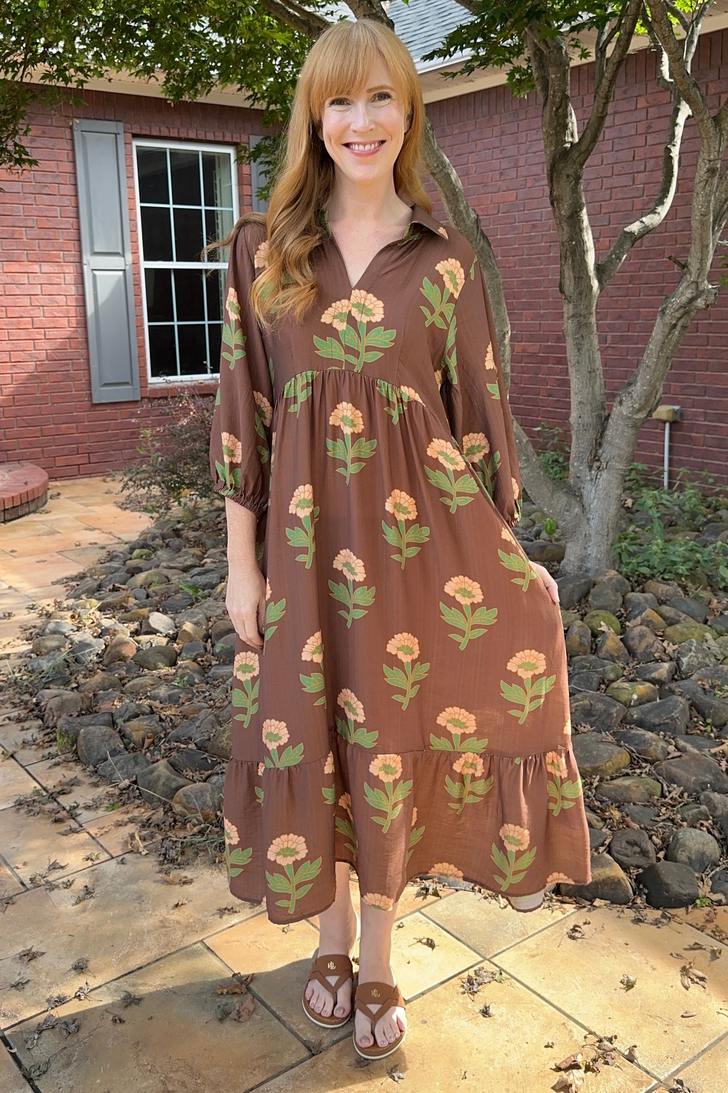 Brown/Rust/Green Floral Midi V-Neck Dress