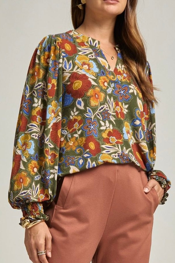 Olive/Mustard Floral Long Sleeve Smocked Cuff Anti- Wrinkle Top