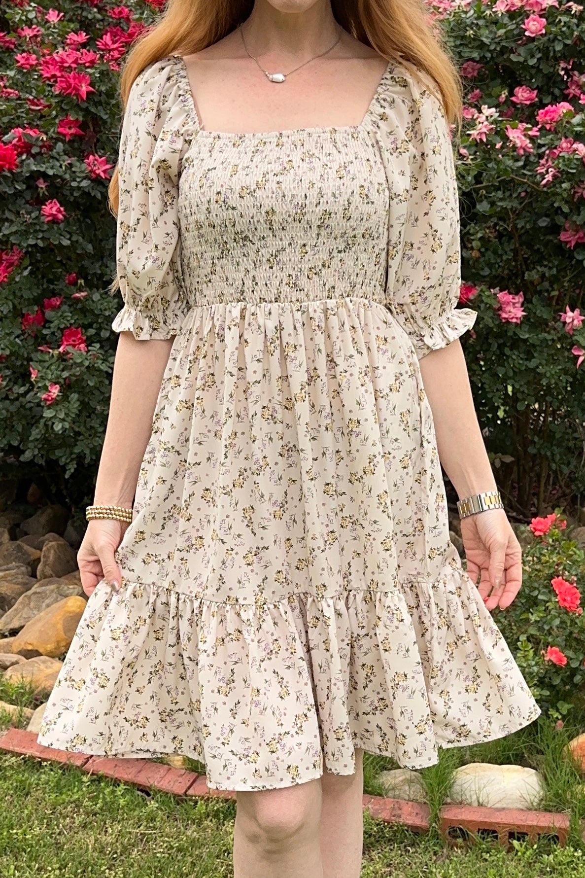 Romantic Floral Square Neck Dress