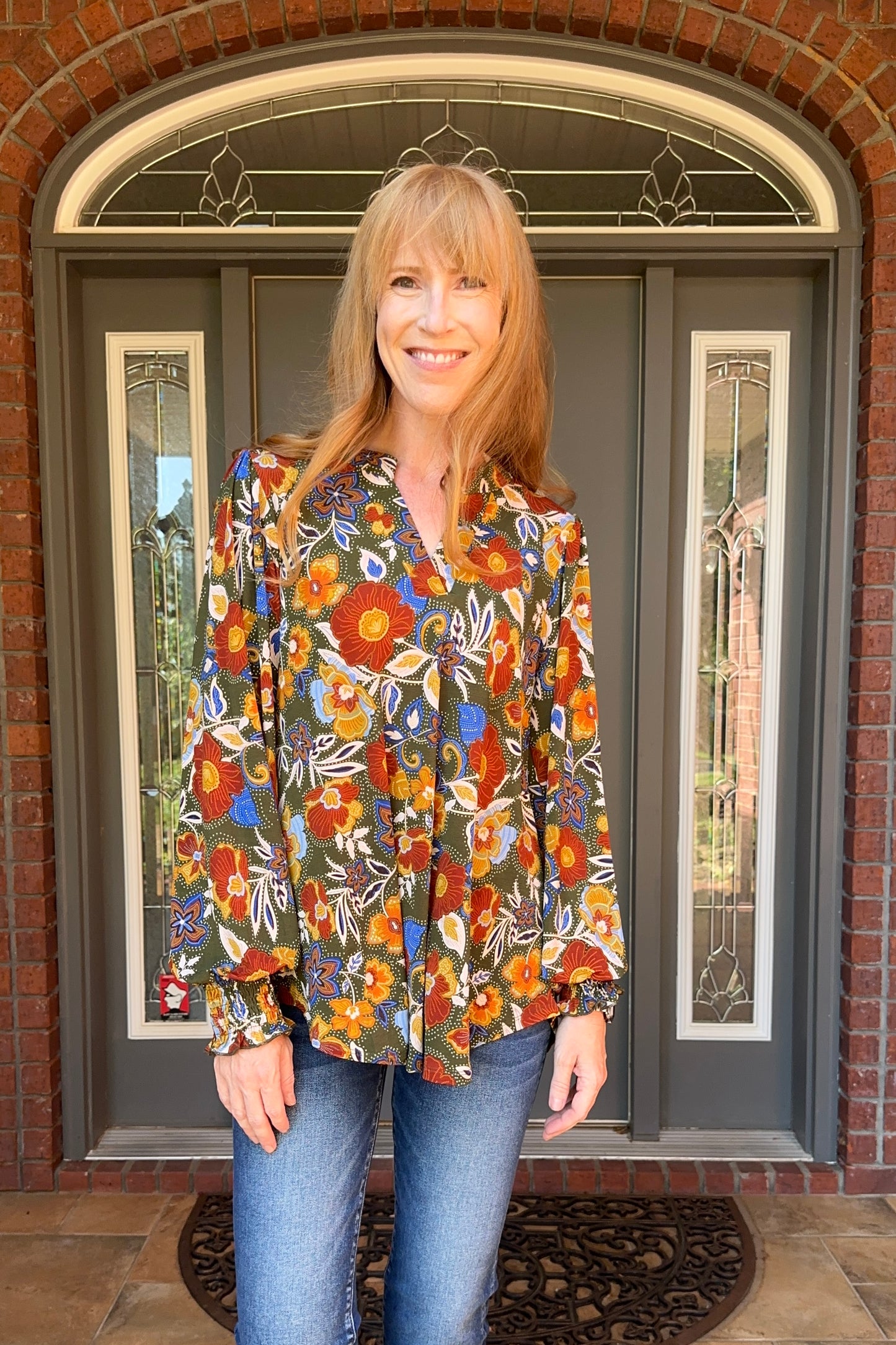 Olive/Mustard Floral Long Sleeve Smocked Cuff Anti- Wrinkle Top