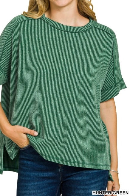 Ribbed Short Sleeve Raw Edge Raglan