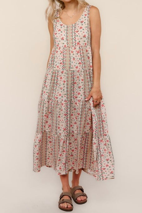 Tiered Butter Boho Print Midi Dress