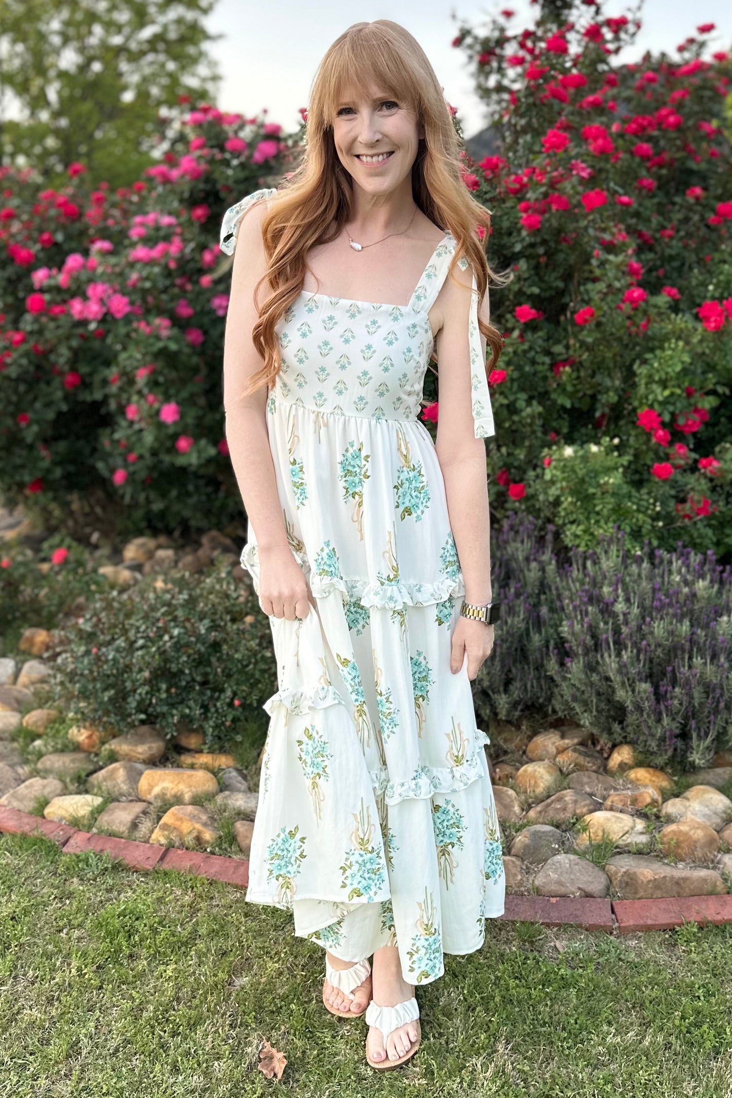 Floral Bouquet Shoulder Tie Tiered Dress