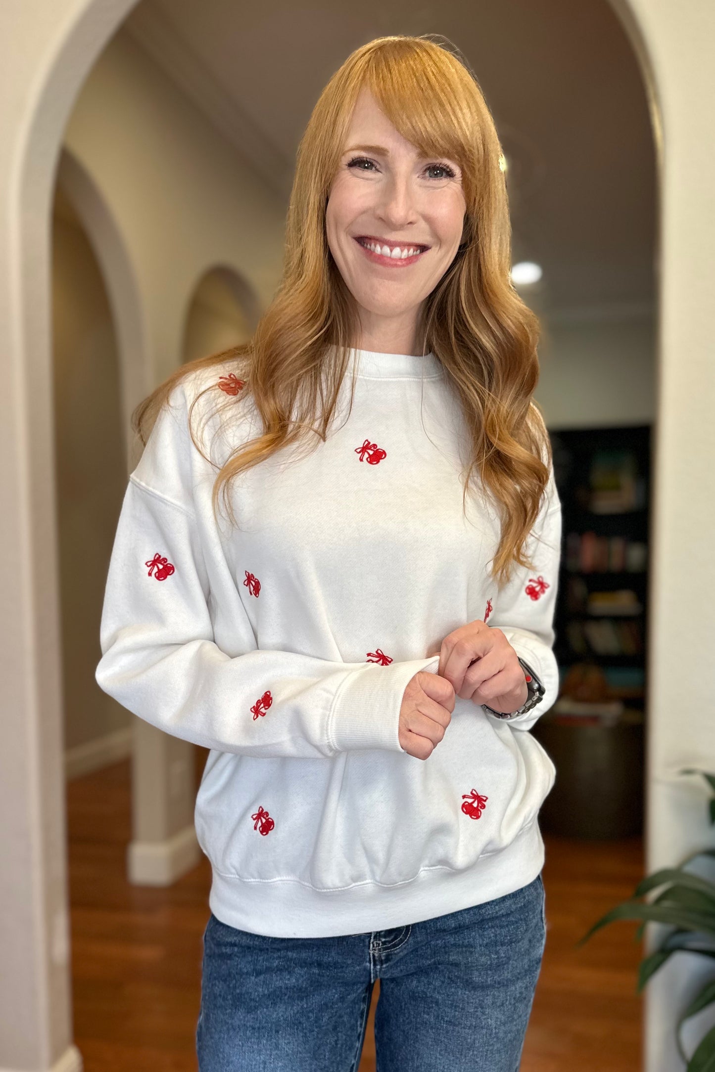 Ivory Cherry Bow Sweatshirt