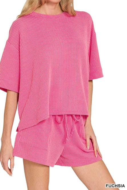 Ribbed Drawstring Shorts Set