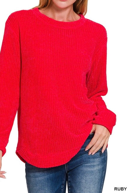 Chenille Waffle Round Neck Sweater