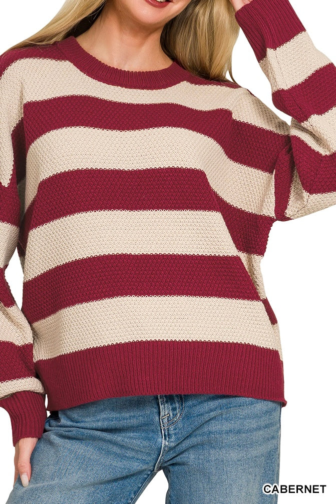 Zenana Stripe Drop Shoulder Sweater