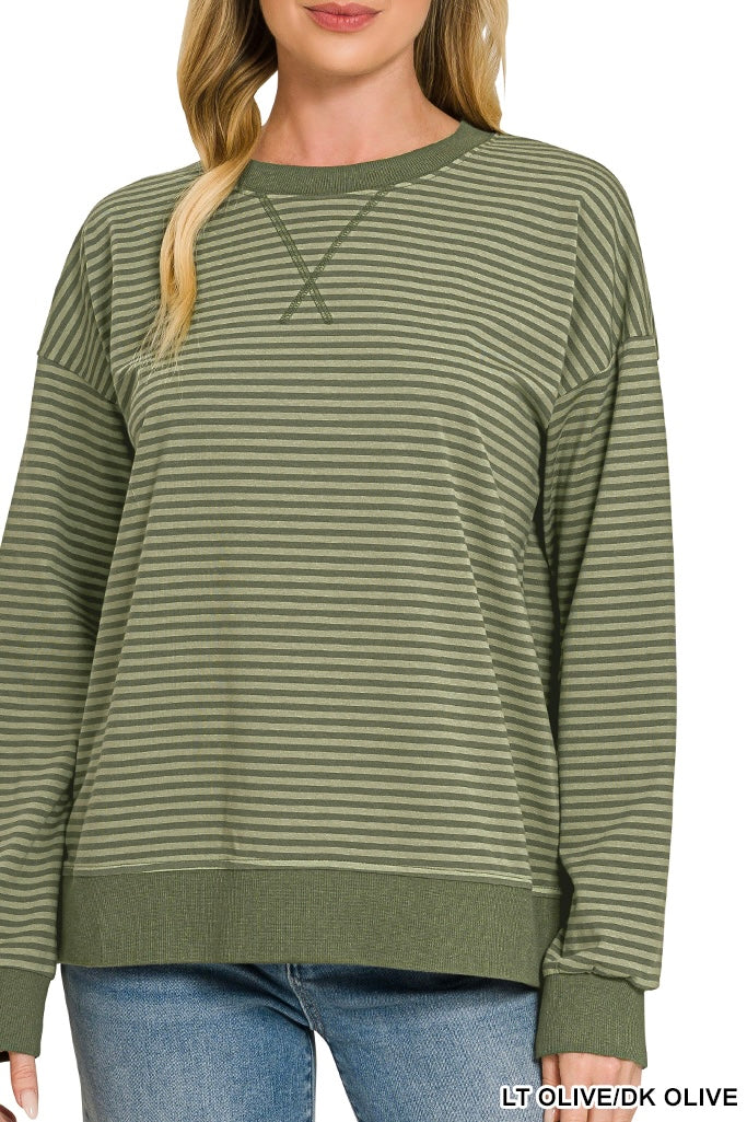 Zenana Long Sleeve V-Stitch Stripe Banded Pullover