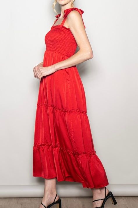 Red Matte Satin Tie Shoulder Smocked Dress