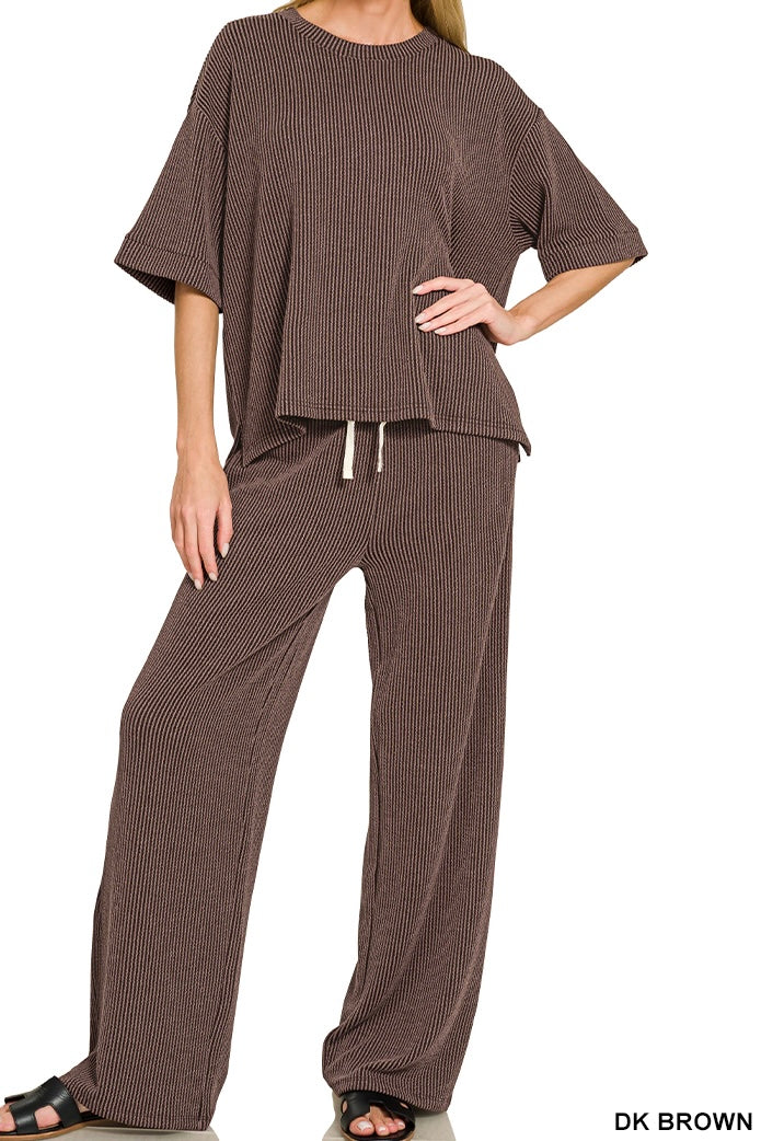 Zenana Ribbed Short Sleeve Drawstring Pants Set