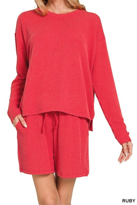 Long Sleeve Ribbed Drawstring Shorts Set