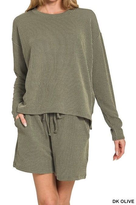 Long Sleeve Ribbed Drawstring Shorts Set